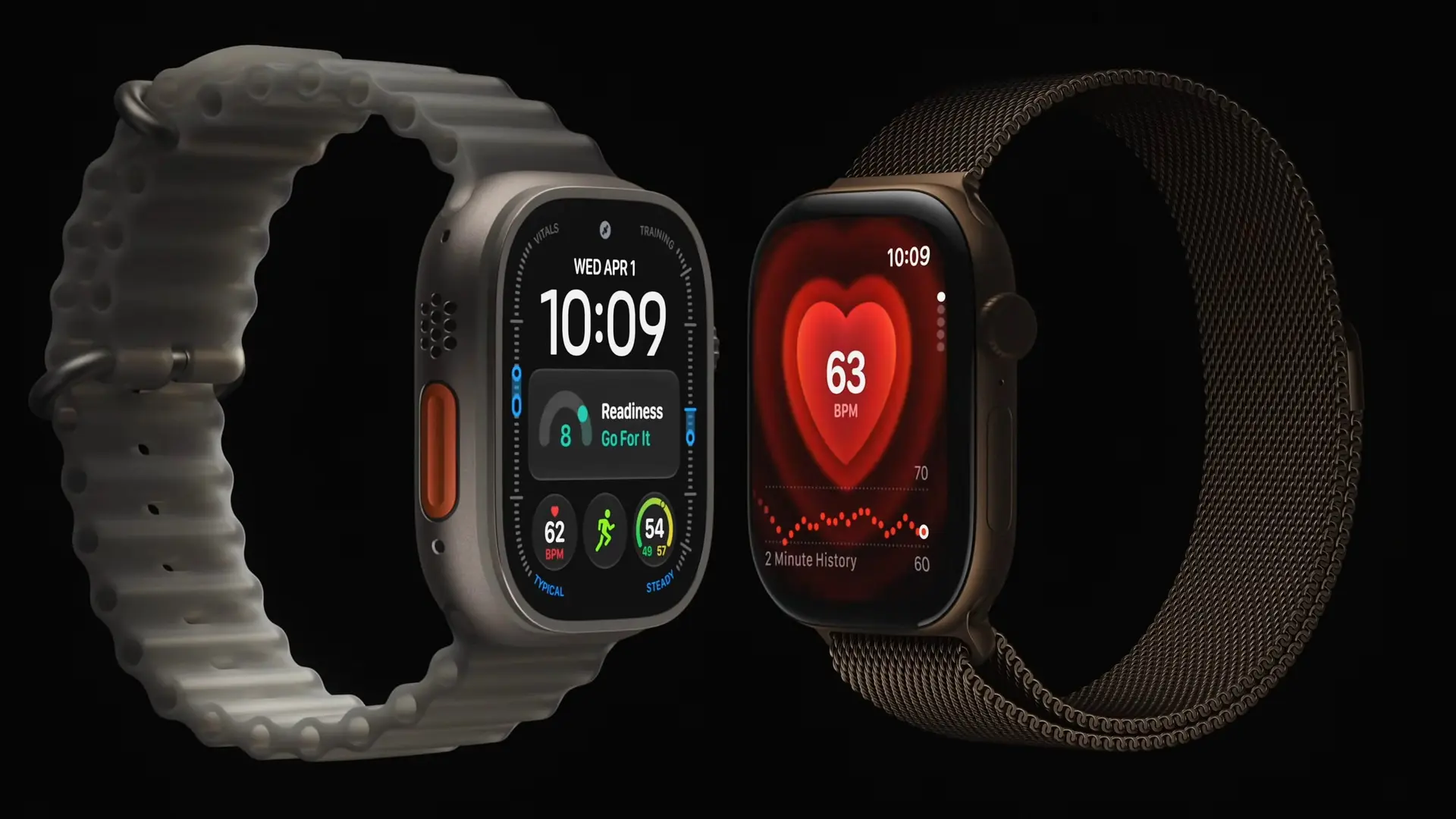 Apple Watch Ultra 4（左）とApple Watch Series 12（右）。どちらも心拍数を表示した文字盤を表示している