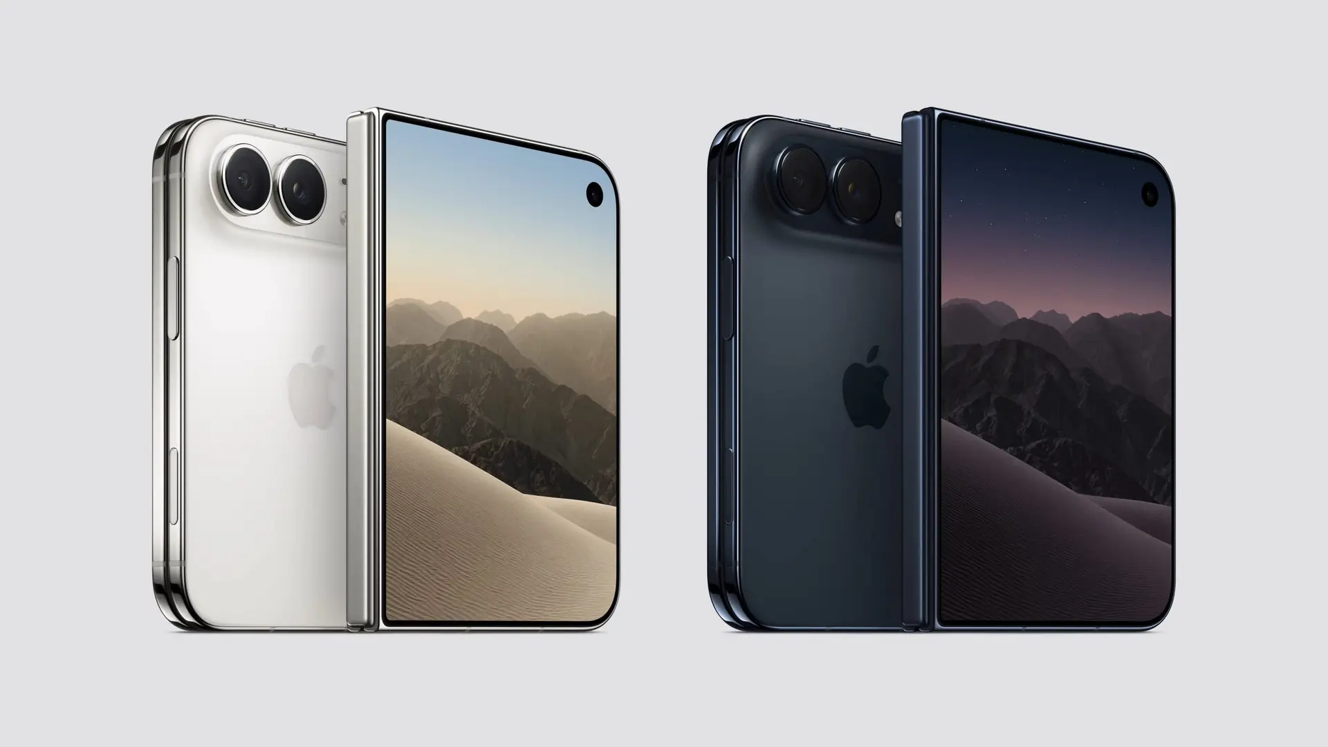 iPhone Duoの2色。左がスターホワイト、右がナイトスカイ。それぞれ閉じた背面と開いた内側ディスプレイを並べて紹介している